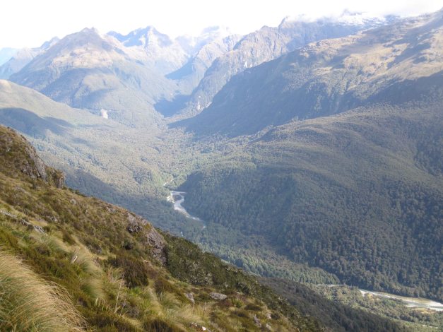 Ausicht hinunter in Tal auf dem Weg zwischen Harris Saddle und Mackenzie Hütte